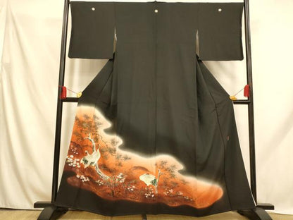 平和屋着物■豪華黒留袖　手描き　作家物　清峰　群れ鶴草花文　暈し染め　金彩　正絹　逸品　AABH9148fw