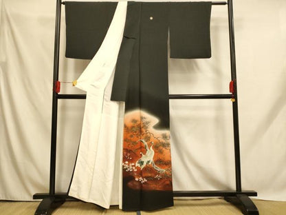 平和屋着物■豪華黒留袖　手描き　作家物　清峰　群れ鶴草花文　暈し染め　金彩　正絹　逸品　AABH9148fw