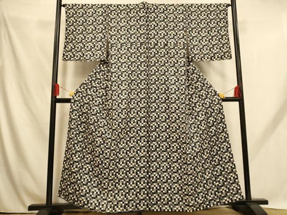 平和屋着物■上質な小紋　花蝶格子　黒地　正絹　逸品　AABH9152fw