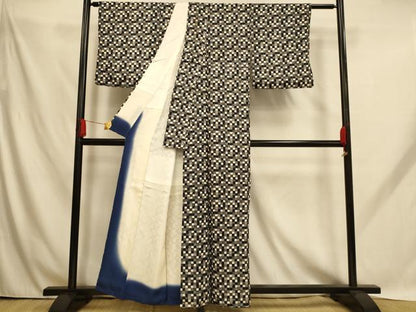 平和屋着物■上質な小紋　花蝶格子　黒地　正絹　逸品　AABH9152fw