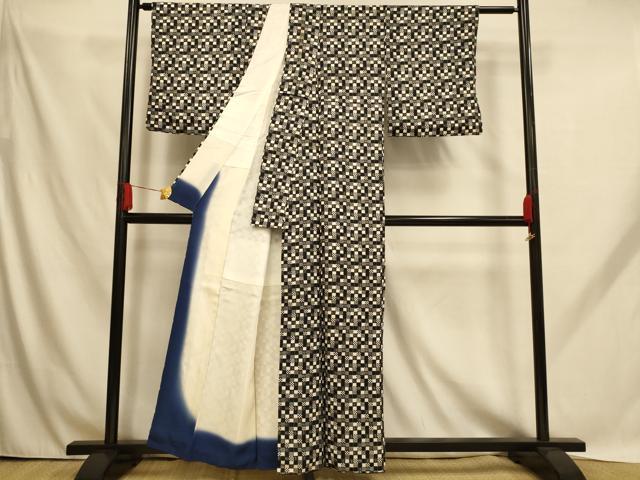 平和屋着物■上質な小紋　花蝶格子　黒地　正絹　逸品　AABH9152fw