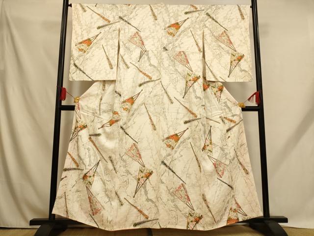 平和屋着物■上質な小紋　花蝶扇子文　梅　金彩　正絹　逸品　AABH9154fw