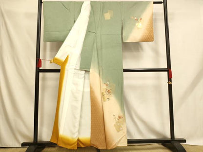 平和屋着物■訪問着 刺繍 色紙飾花文 暈し染め 金糸 銀彩 正絹 逸品 AABH9158fw