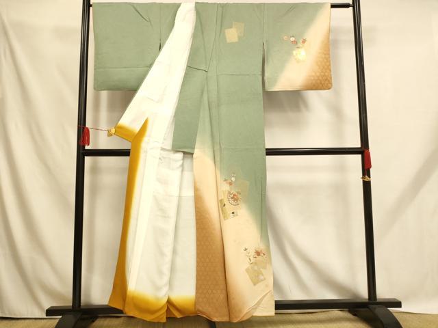平和屋着物■訪問着 刺繍 色紙飾花文 暈し染め 金糸 銀彩 正絹 逸品 AABH9158fw