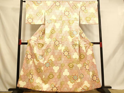 平和屋着物■小紋　片輪車亀甲花文　洗える着物　AABH9165fw