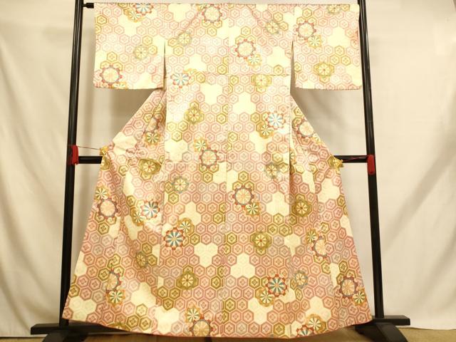 平和屋着物■小紋　片輪車亀甲花文　洗える着物　AABH9165fw