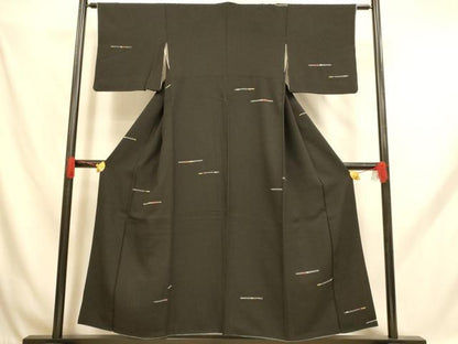 平和屋着物■上質な小紋 横段文 黒地 正絹 逸品 AABH9169fw