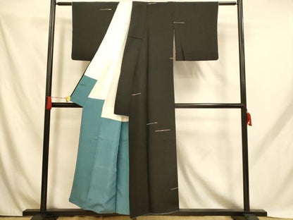 平和屋着物■上質な小紋 横段文 黒地 正絹 逸品 AABH9169fw