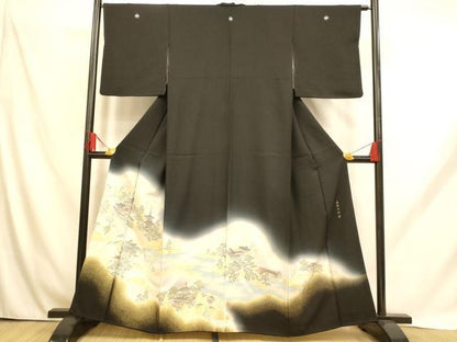 平和屋着物■豪華黒留袖　寿光織　高野山水図　暈し染　金糸　正絹　逸品　AABH9174fw