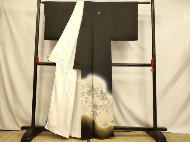 平和屋着物■豪華黒留袖　寿光織　高野山水図　暈し染　金糸　正絹　逸品　AABH9174fw