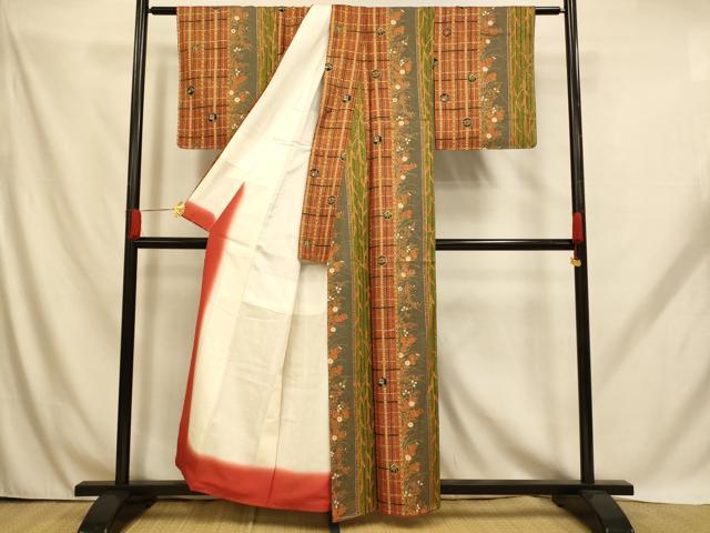 平和屋着物■上質な小紋　花蝶格子　金彩　正絹　逸品　未使用　AABH9194fw