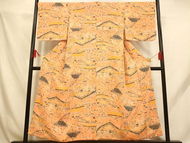 平和屋着物■上質な小紋 型染め 人物風景文 正絹 逸品 AABH9195fw