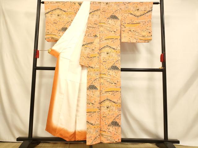 平和屋着物■上質な小紋 型染め 人物風景文 正絹 逸品 AABH9195fw