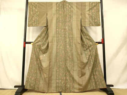 平和屋着物■訪問着　紬地　刺繍　雪輪枝垂れ花蝶文　金彩　正絹　逸品　AABH9217fw