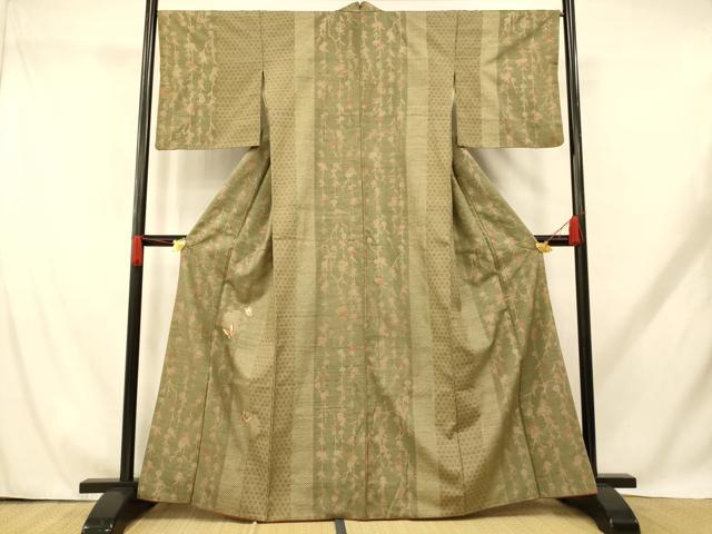 平和屋着物■訪問着　紬地　刺繍　雪輪枝垂れ花蝶文　金彩　正絹　逸品　AABH9217fw