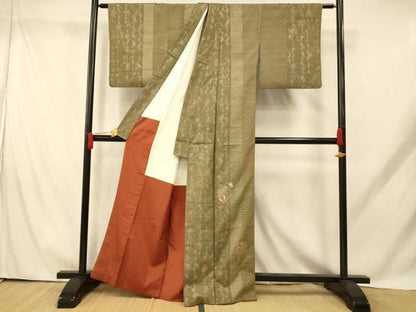 平和屋着物■訪問着　紬地　刺繍　雪輪枝垂れ花蝶文　金彩　正絹　逸品　AABH9217fw