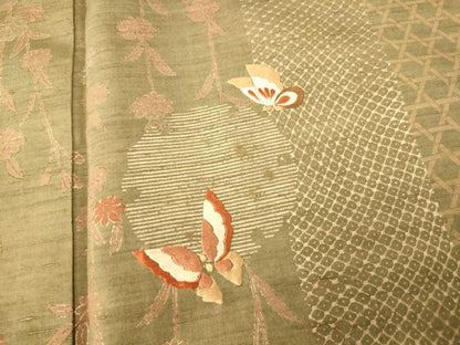 平和屋着物■訪問着　紬地　刺繍　雪輪枝垂れ花蝶文　金彩　正絹　逸品　AABH9217fw