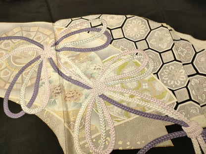 平和屋着物■豪華黒留袖　駒刺繍　結び紐吉祥地紙文　金銀彩　銀糸　正絹　逸品　AABH9222fw