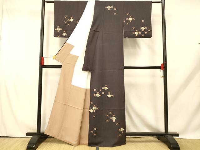 平和屋着物■訪問着　型染め　草花菱文　正絹　逸品　AABH9224fw