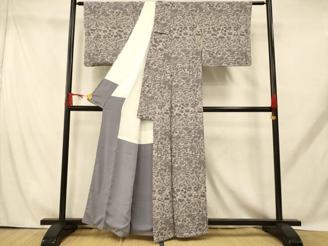 平和屋着物■上質な小紋　型染め　横段草花文　正絹　逸品　AABH9235fw