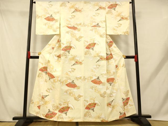 平和屋着物■小紋 吉祥花扇子文 洗える着物 未使用 AABH9239fw