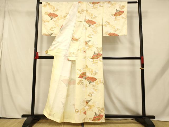 平和屋着物■小紋 吉祥花扇子文 洗える着物 未使用 AABH9239fw