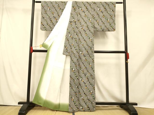 平和屋着物■小紋　斜縞枝梅文　黒地　洗える着物　AABH9242fw