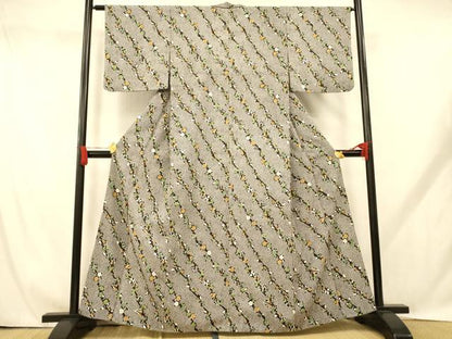 平和屋着物■小紋　斜縞枝梅文　黒地　洗える着物　AABH9242fw