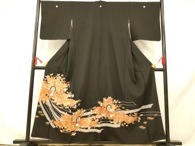 平和屋着物■豪華黒留袖　駒刺繍　御所車宝尽くし文様　金彩　正絹　逸品　AABH9257fw