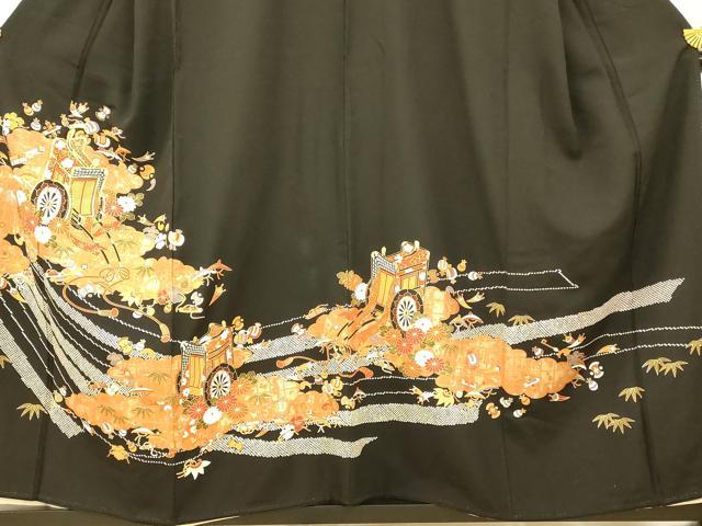 平和屋着物■豪華黒留袖　駒刺繍　御所車宝尽くし文様　金彩　正絹　逸品　AABH9257fw