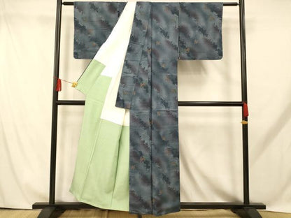 平和屋着物■上質な小紋 紬地 霞舞蝶文 暈し染め 正絹 逸品 未使用 AABH9261fw