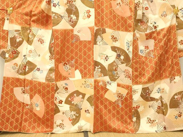 平和屋着物■豪華振袖 駒刺繍 草花扇子格子 金彩 正絹 逸品 AABH9280fw