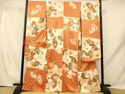 平和屋着物■豪華振袖 駒刺繍 草花扇子格子 金彩 正絹 逸品 AABH9280fw