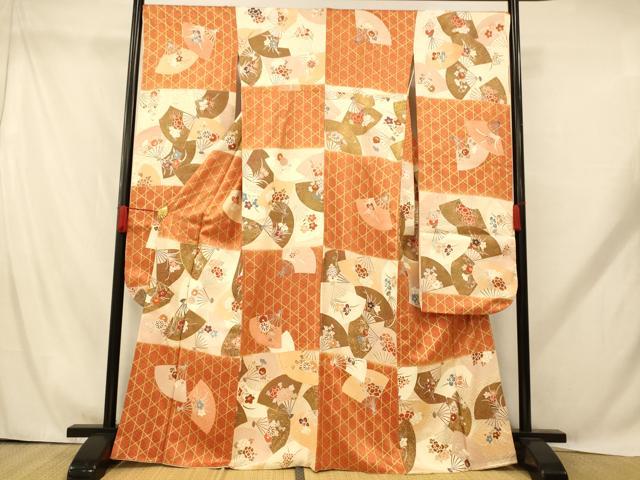 平和屋着物■豪華振袖 駒刺繍 草花扇子格子 金彩 正絹 逸品 AABH9280fw