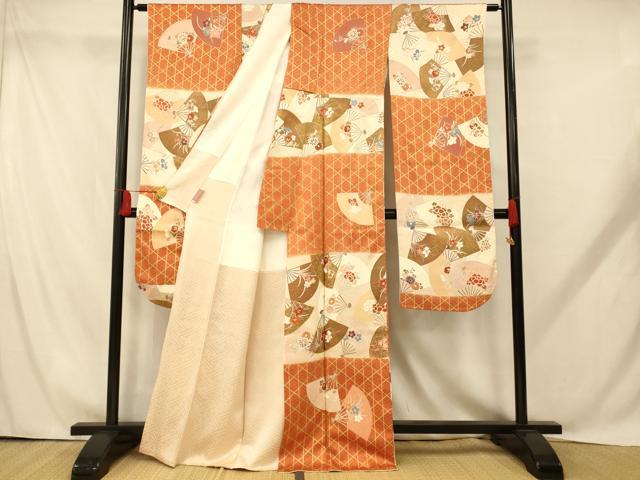 平和屋着物■豪華振袖 駒刺繍 草花扇子格子 金彩 正絹 逸品 AABH9280fw