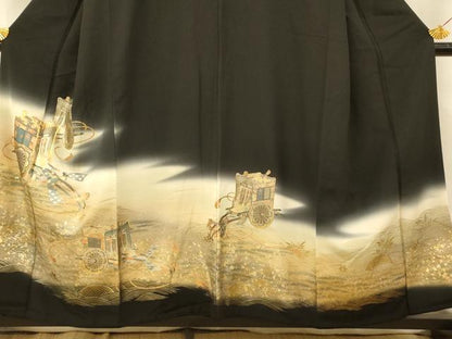平和屋着物■豪華黒留袖　駒刺繍　御所車流水文　暈し染め　金銀彩　正絹　逸品　AABH9297fw