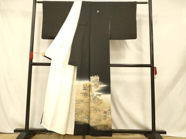 平和屋着物■豪華黒留袖　駒刺繍　御所車流水文　暈し染め　金銀彩　正絹　逸品　AABH9297fw