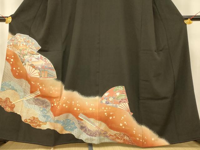 平和屋着物■豪華黒留袖 駒刺繍 風景扇子文 暈し染め 金銀彩 正絹 逸品 AABH9301fw
