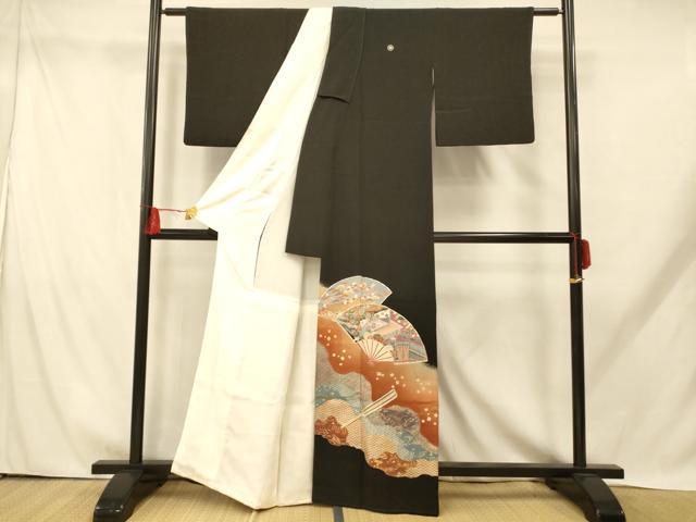 平和屋着物■豪華黒留袖 駒刺繍 風景扇子文 暈し染め 金銀彩 正絹 逸品 AABH9301fw