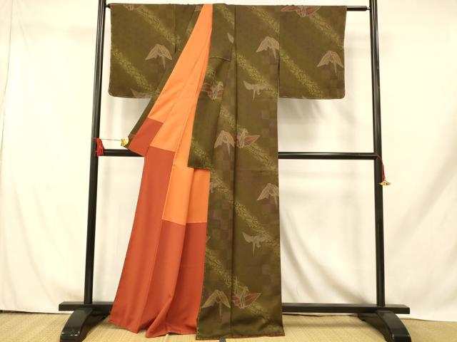 平和屋着物■小紋　斜縞　折り鶴　暈し染め　洗える着物　未使用　AABH9329fw