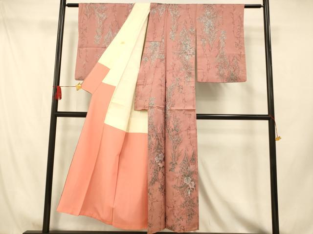 平和屋着物■上質な小紋 寿光織 草花文 銀彩 正絹 逸品 AABH9340fw