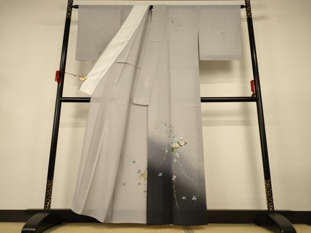 平和屋着物＊夏物　訪問着　絽　草花文　暈し染め　銀彩　正絹　逸品　AABH9369jd