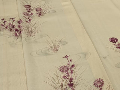 平和屋着物＊夏物 訪問着 絽 手描き 流水草花文 金彩 正絹 逸品 AABH9395jd