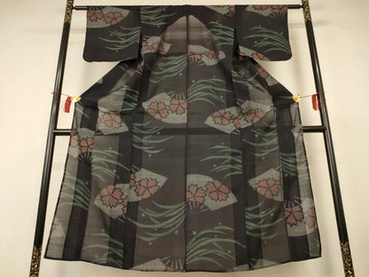 平和屋着物＊夏物　紗紬　扇面花文　正絹　逸品　AABH9419jd