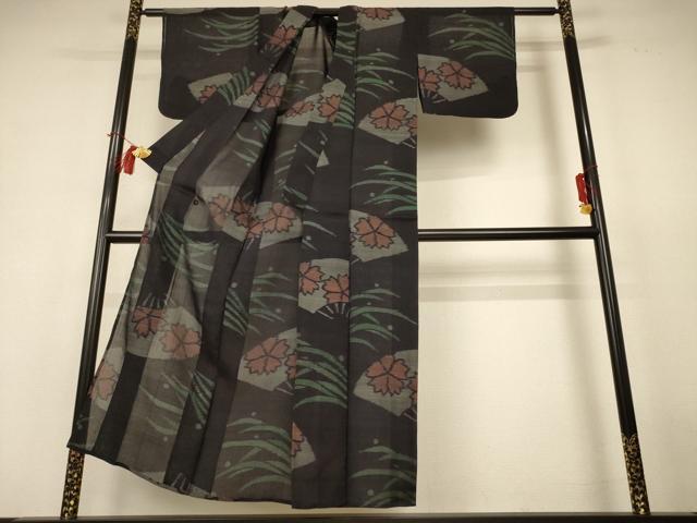 平和屋着物＊夏物　紗紬　扇面花文　正絹　逸品　AABH9419jd