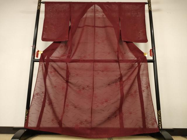 平和屋着物＊夏物 色無地 縦絽 楓文 葡萄茶色 正絹 逸品 AABH9427jd