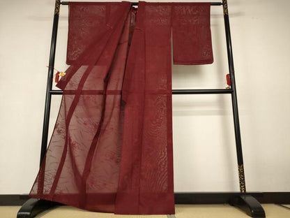 平和屋着物＊夏物 色無地 縦絽 楓文 葡萄茶色 正絹 逸品 AABH9427jd