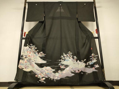 平和屋着物＊夏物 黒留袖 絽 友禅 作家物 風景文 暈し染め 正絹 逸品 AABH9451jd