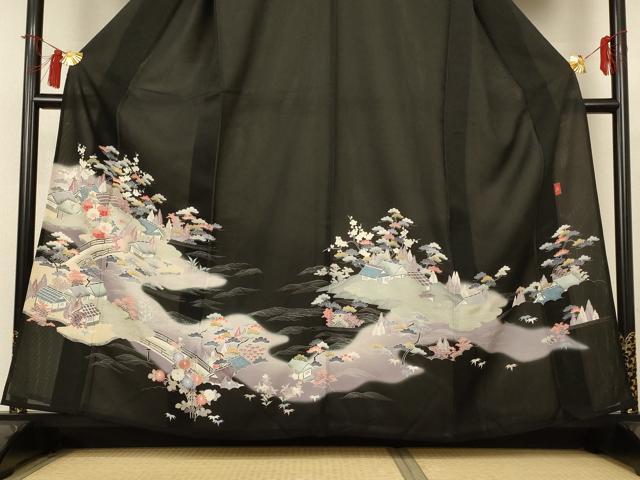 平和屋着物＊夏物 黒留袖 絽 友禅 作家物 風景文 暈し染め 正絹 逸品 AABH9451jd