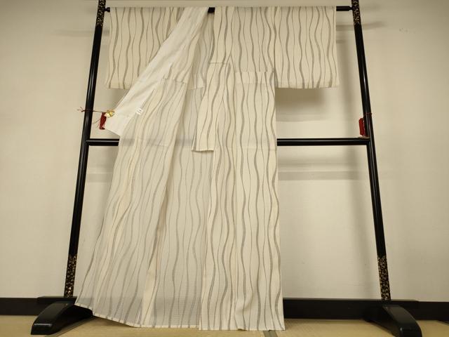平和屋着物＊夏物 小紋 絽 よろけ縞 洗える着物 AABH9470jd